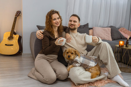 Happy couple drinking coffee with cute dog at home sitting on sofa in cozy living roomの写真素材
