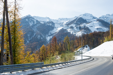 mountains, red glade, snow, autumnの写真素材