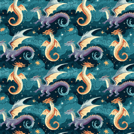 Seamless pattern with dragons and stars on a dark blue backgroundのイラスト素材
