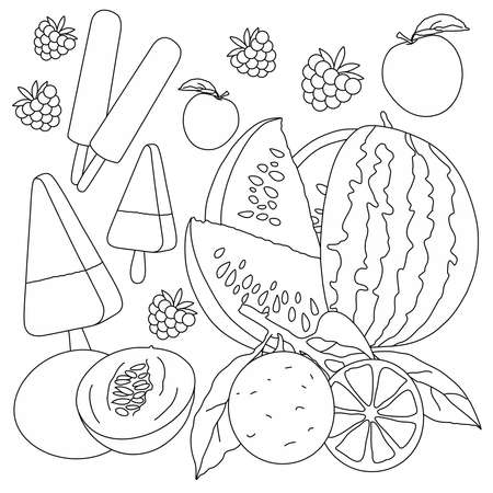 Fruit ice and fruit coloring book, coloring book with raspberries and fruits, fruit ice in the form of a coloring bookのイラスト素材