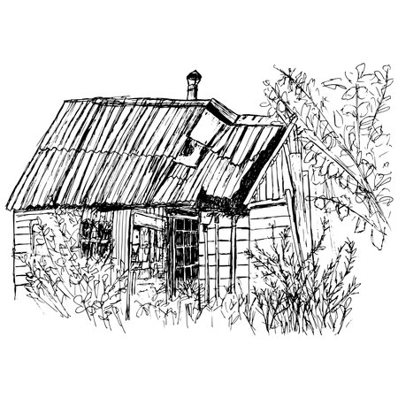 vector image of a shed made of boards with a slate roof; a barn in the garden, drawn with a black liner; an old barn with a slate roof drawn in the garden with linersのイラスト素材