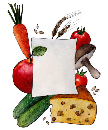A set of vegetables in watercolors with note paper; vegetable dish recipe watercolor illustration of vegetables, cheese and paperのイラスト素材