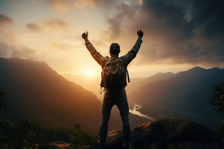 Silhouette stands triumphantly on the green mountain top Raise your arms and make a fist Generative AIの素材