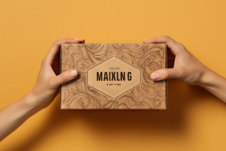 A hand holding a brow mailing box mockup, in the style of melting, light brown Generative AIの素材