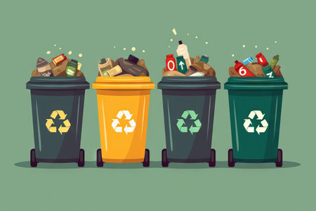Colorful collection of recycling bins with different type of waste, recycling, helping the environment. Generative AIの素材