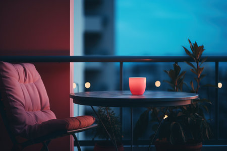 minimalism,DIY cute balcony Decor, lights and natural dark theme, minimalism, simplicity Generative AIの素材