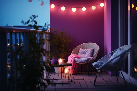 minimalism,DIY cute balcony Decor, lights and natural dark theme, minimalism, simplicity Generative AIの素材
