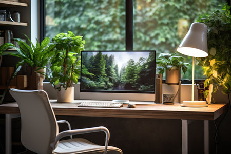 Modern office workspace with a computer monitor on a table, studio bright light Generative AIの素材