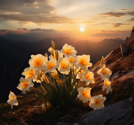 Yellow daffodils on a hillside at midday on a sunny day, in the style of caras ionut Generative AIの素材