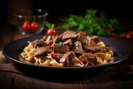 beef stroganoff with pasta on a wood table, russian cuisine Generative AIの素材