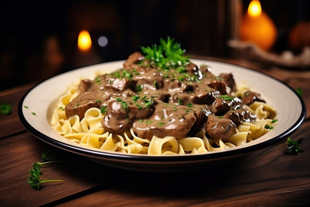 beef stroganoff with pasta on a wood table, russian cuisine Generative AIの素材