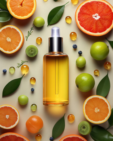 Capture a shot minimalist bottle applying Vitamin C serum Generative AIの素材
