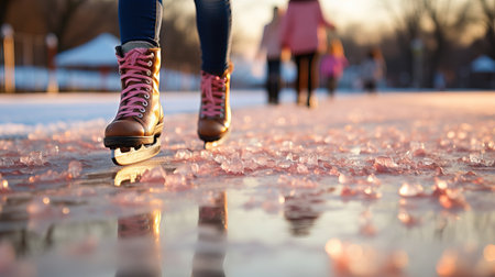 Woman ice skating on frozen lake. Winter sport and active lifestyle.の素材