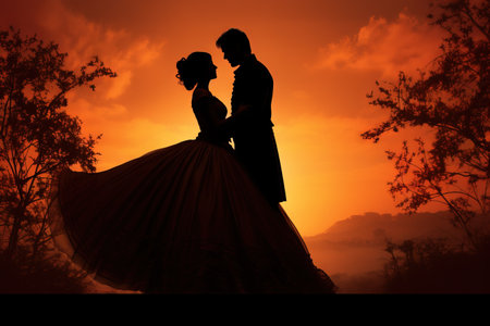 silhouette of wedding Couple in love kissing and holding hand together during sunset with evening sky backgroundの素材