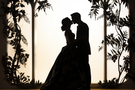 silhouette of wedding Couple in love kissing and holding hand together during sunset with evening sky backgroundの素材