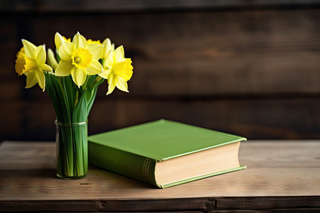 Close-up green book and a vibrant yellow daffodil on a rustic wooden table Generative AIの素材