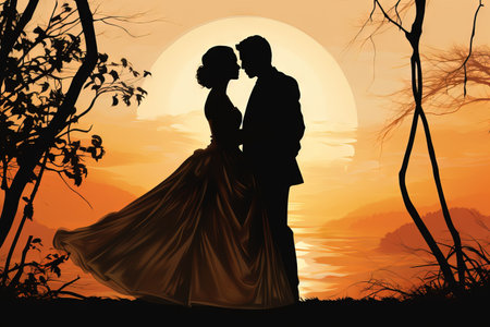 silhouette of wedding Couple in love kissing and holding hand together during sunset with evening sky backgroundの素材