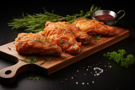Fried chicken leg pieces, on a wooden board with gray floorの素材