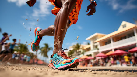 Sports background. Runner feet running closeup on shoe Generative AIの素材