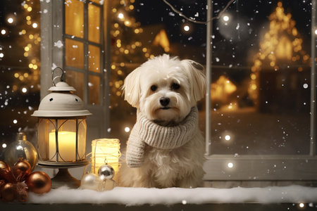 Frosty festivities dog surrounded by holiday decorations winter background Generative AIの素材