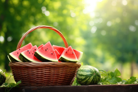 A table close stort in the basket Watermelon garden background copy space Generative AIの素材