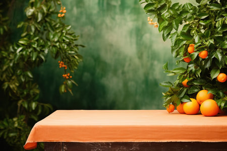 Wooden table orange garden and blurred background copy space Generative AIの素材
