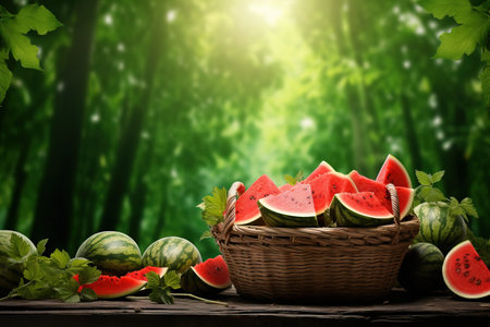 A table close stort in the basket Watermelon garden background copy space Generative AIの素材