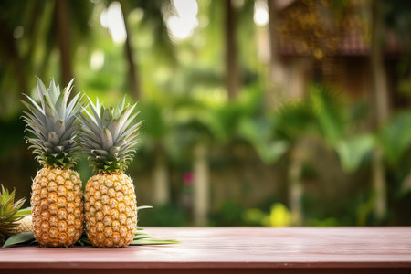 A table close stort in a Pineapple garden background copy space Generative AIの素材
