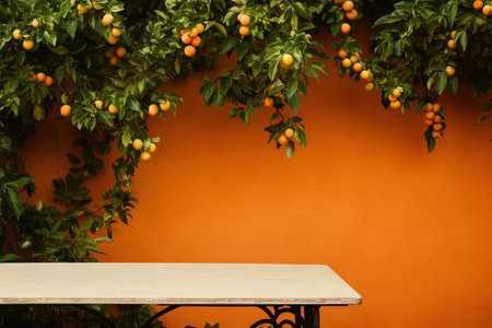 Wooden table orange garden and blurred background copy space Generative AIの素材