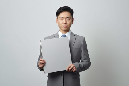 Portrait of working Japanese Businessman holding white board, studio shot Generative AIの素材