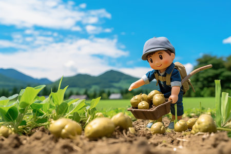 Portrait of smiling boy with freshly dug potatoes on the field at sunset Generative AIの素材