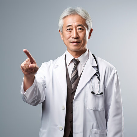 Japanese doctor presentation at a conference while pointing White coat looking at the cameraの素材