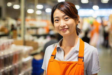 Portrait of working Japanese woman in a distribution center warehouse Generative AIの素材