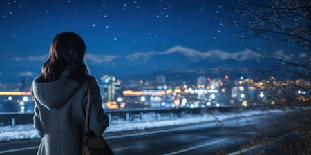 Back view of close up of a woman walking in snowy winter night park. AI generativeの素材