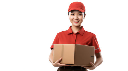 Asian worker holding a Box Delivery staff on white background Generative AIの素材