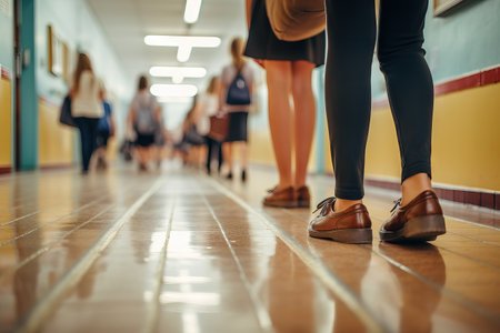 Close-up the feet of junior high school students walking through the classroom Generative AIの素材