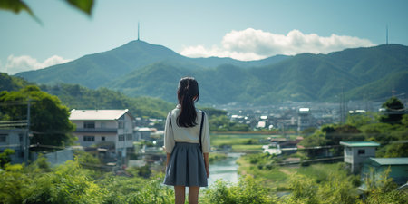 Portrait realistic photo of a junior high school girl Village and mountain views Generative AIの素材