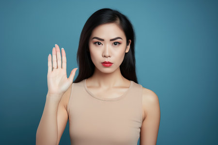 Young woman on a blue studio backdrop standing with outstretched hand showing stop sign Generative AIの素材