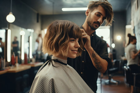 pretty girl haircut men in babershop Generative AIの素材