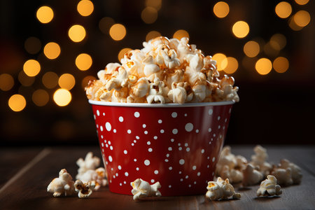 Close up on a red and white striped popcorn cup with lots of popcorn in a movie theater with red Generative AIの素材