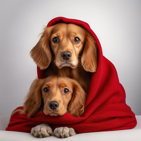 A puppy dog snuggled close to its mother, both wearing vibrant red sweaters Generative AIの素材