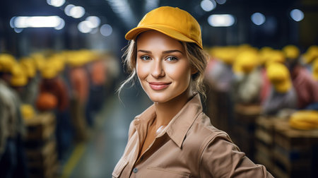 beautiful young woman in warehouse and people working packing boxes yellow themesの素材