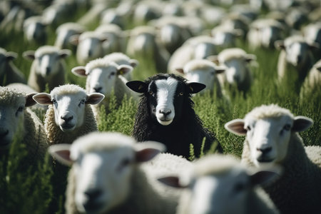 white sheep among one black sheep Generative AIの素材