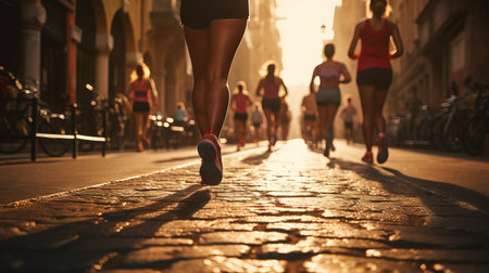 Close up athlete group women feet running on city road town city background sun light flareの素材