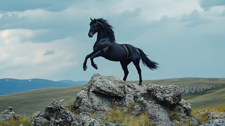 A black stallion stands on a rocky outcrop and only stands on its hind legs Generative AIの素材