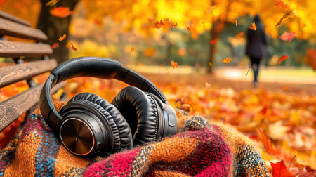 A realistic autumn park setting headphones resting on park benchの写真素材