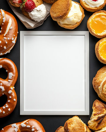 A blank white poster frame macarons desserts dark background.の写真素材