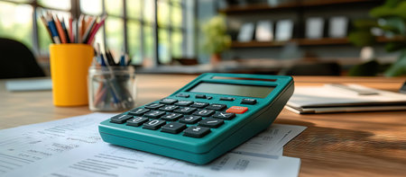 An engaging close-up of a calculator resting financial statement surroundedの素材