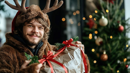 A delivery man dressed as a reindeer complete with antlers and brown fur outfit.の素材