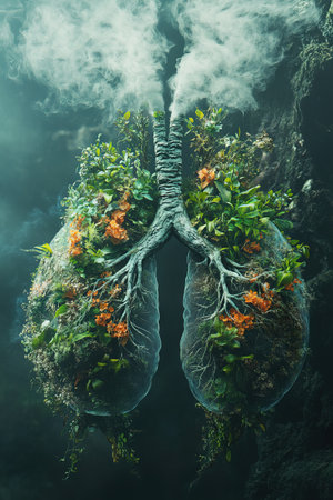 Conceptual image lungs shaped symbolizing relationship between nature healthの素材